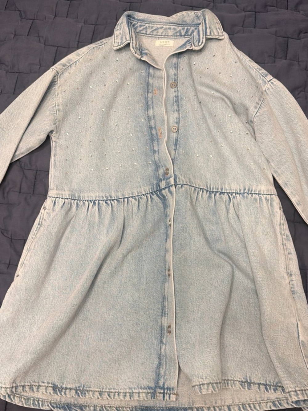 next Light Blue Denim Shirt Dress with Pearl Studs